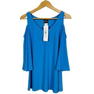 NEW! Coco Blanco Cold Shoulder Top Blouse V Neck Draped Dusty Blue - S